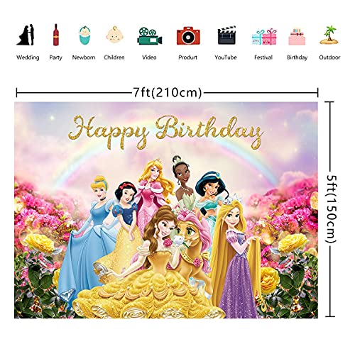 Betta Princess Happy Birthday Backdrop Colorful Rainbow Flowers Photo Backdrop Cartoon Fairy Tale Little Girl Princess Birthday Party Background Multicolor Glitter Photography Background 7x5ft