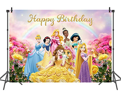 Betta Princess Happy Birthday Backdrop Colorful Rainbow Flowers Photo Backdrop Cartoon Fairy Tale Little Girl Princess Birthday Party Background Multicolor Glitter Photography Background 7x5ft