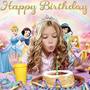 Betta Princess Happy Birthday Backdrop Colorful Rainbow Flowers Photo Backdrop Cartoon Fairy Tale Little Girl Princess Birthday Party Background Multicolor Glitter Photography Background 7x5ft