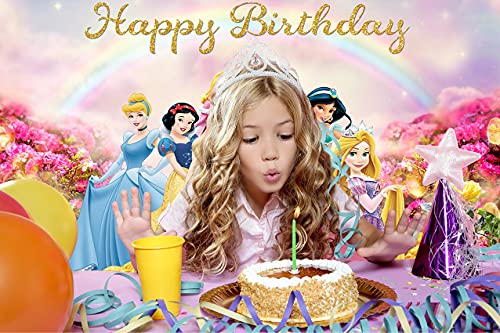 Betta Princess Happy Birthday Backdrop Colorful Rainbow Flowers Photo Backdrop Cartoon Fairy Tale Little Girl Princess Birthday Party Background Multicolor Glitter Photography Background 7x5ft