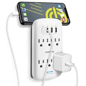 6 outlet extending surge protector, multi outlet extender wall adapter with 4 usb fast charging ports, 6 ac outlets, phone mount, 1200j surge protection, etl certified (1-pack, white)