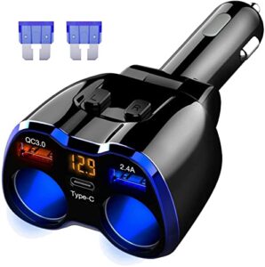 car charger, 150w 2-socket cigarette lighter splitter qc 3.0 dual usb ports 1 usb c fast car adapter with separate switch led voltmeter replaceable 15a fuse for gps/dash cam/phone/ipad