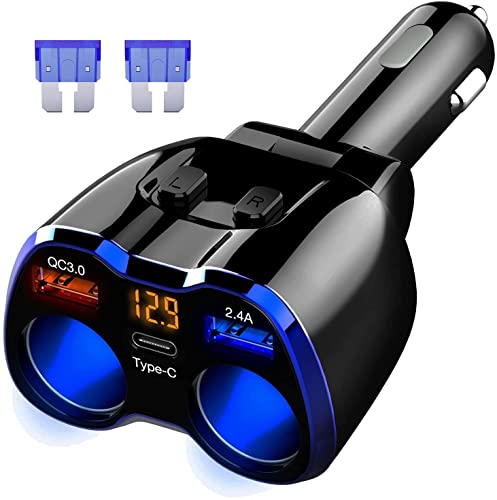 Car Charger, 150W 2-Socket Cigarette Lighter Splitter QC 3.0 Dual USB Ports 1 USB C Fast Car Adapter with Separate Switch LED Voltmeter Replaceable 15A Fuse for GPS/Dash Cam/Phone/iPad