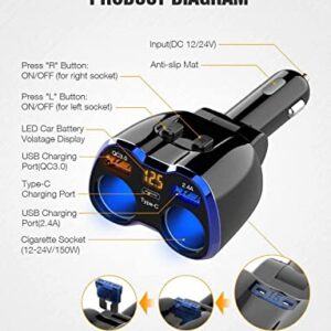 Car Charger, 150W 2-Socket Cigarette Lighter Splitter QC 3.0 Dual USB Ports 1 USB C Fast Car Adapter with Separate Switch LED Voltmeter Replaceable 15A Fuse for GPS/Dash Cam/Phone/iPad