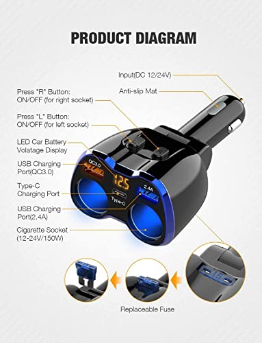 Car Charger, 150W 2-Socket Cigarette Lighter Splitter QC 3.0 Dual USB Ports 1 USB C Fast Car Adapter with Separate Switch LED Voltmeter Replaceable 15A Fuse for GPS/Dash Cam/Phone/iPad