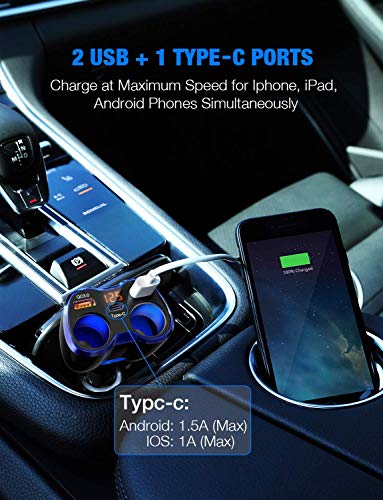 Car Charger, 150W 2-Socket Cigarette Lighter Splitter QC 3.0 Dual USB Ports 1 USB C Fast Car Adapter with Separate Switch LED Voltmeter Replaceable 15A Fuse for GPS/Dash Cam/Phone/iPad