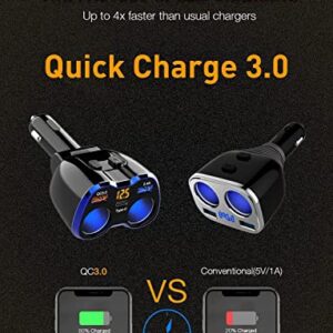 Car Charger, 150W 2-Socket Cigarette Lighter Splitter QC 3.0 Dual USB Ports 1 USB C Fast Car Adapter with Separate Switch LED Voltmeter Replaceable 15A Fuse for GPS/Dash Cam/Phone/iPad