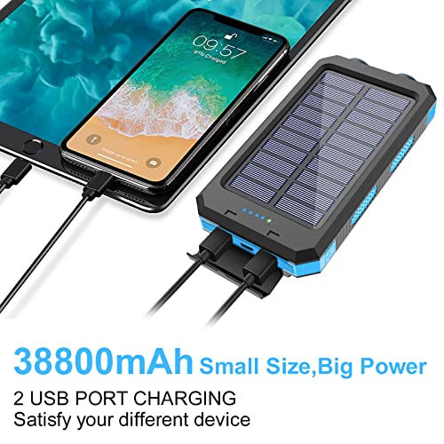 Solar Charger Power Bank, 38800mAh Portable Charger Fast Charger Dual USB Port Built-in Led Flashlight and Compass for All Cell Phone and Electronic Devices