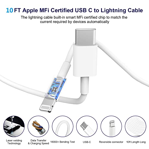 3 Pack iPhone Fast Charger, [Apple MFi Certified] 20W USB C Power Delivery Wall Charger Block with 10FT Extra Long Type C to Lightning Fast Charging Data Sync Cable for iPhone 14 13 12 11 XS XR X iPad