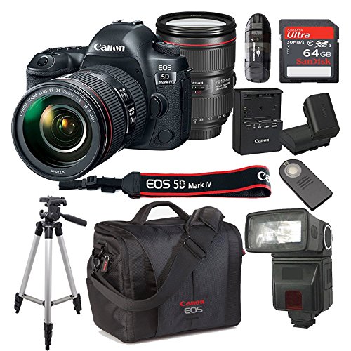 Canon EOS 5D Mark IV With 24-105mm f/4 L IS II USM Lens Kit Bundle + 64GB High Speed Memory Card + Canon 300DG Deluxe Camera Bag + Wireless Remote Shutter + Tripod + More (Certified Refurbished)