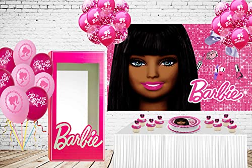 QQKCFOTO Black Barbie Backdrop for Photography, Birthday Party Decorations for Girl ,Barbie Birthday Banner Party Decoration Supplies for Cake Table Decoration, 5x3ft