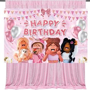 AICHENGZI Girl Game Party Birthday Banner,Sandbox Game Party Supplies Decorations Pink Girl Robot Blocks Backdrop (6FTx4FT)