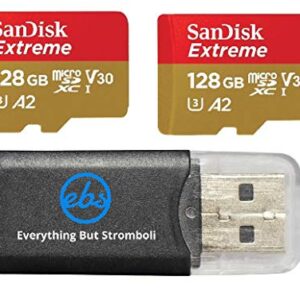 SanDisk Extreme 128GB Micro SDXC Card for DJI Mavic Mini 2, Mavic Mini, Mavic Air 2 Drone (2 Pack) C10 4K V30 A2 (SDSQXA1-128G-GN6MN) Bundle with 1 Everything But Stromboli MicroSD Memory Card Reader