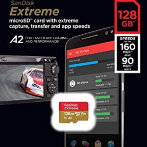 SanDisk Extreme 128GB Micro SDXC Card for DJI Mavic Mini 2, Mavic Mini, Mavic Air 2 Drone (2 Pack) C10 4K V30 A2 (SDSQXA1-128G-GN6MN) Bundle with 1 Everything But Stromboli MicroSD Memory Card Reader