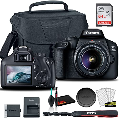 Canon EOS 4000D DSLR Camera with 18-55mm Lens, EOS Bag, Sandisk Ultra 64GB Card, Cleaning Set and More (Renewed)