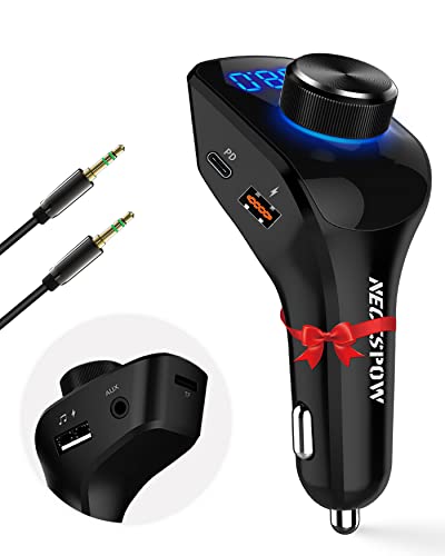 NECESPOW Bluetooth FM Transmitter for Car, Bluetooth 5.0 Car Adapter w/AUX Cable, MP3 Player Wireless Radio Receiver Car Kit Support 48W(USB-C PD+QC3.0)/AUX/TF Card/U-Disk