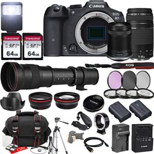 canon eos r7 mirrorless camera w/rf-s 18-150mm f/3.5-6.3 is stm lens + ef 75-300mm f/4-5.6 iii lens + 420-800mm f/8.3 telephoto lens, 2x 64gb memory, hood, case, filters, tripod & more (35pc bundle)