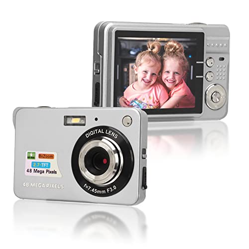 Digital Camera for Teens, 4K 48MP Ultra HD Point and Shoot Camera, 2.7in LCD Rechargeable Students Compact Camera with 8X Digital Zoom, Mini Vlogging Cameras Gift for Kids Beginner (Silver)