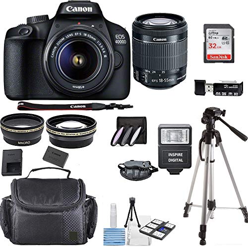 Canon EOS 4000D Digital SLR Camera w/ 18-55MM DC III Lens Kit (Black) with Accessory Bundle, Package Includes: SanDisk 32GB Card + DSLR Bag + 50’’ Tripod+ Inspire Digital Cloth (International Model)