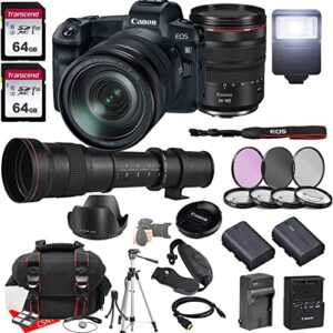 canon eos r mirrorless camera w/rf 24-105mm f/4 l is usm lens + 420-800mm f/8.3 hd manual telephoto lens + 2x 64gb memory + hood + case + filters + tripod + more (33pc bundle)