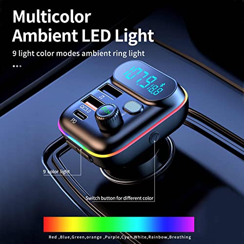 Bluetooth Adapter for Car, Wireless FM Radio Transmitter, Wireless Bluetooth 5.0, MP3 Music Player, QC3.0 + PD 20W USB Car Charger, 7 Colors LED Backlit