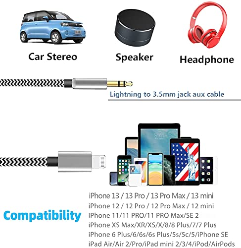 (Apple MFi Certified) iPhone Aux Cord for Car,Lightning to 3.5mm Audio Cable Compatible with iPhone 13/12/11/XR/XS/X/8/7/6 Plus/SE 2,iPad for Car Home Stereo,Speaker,Headphone,Support All iOS-3.3FT