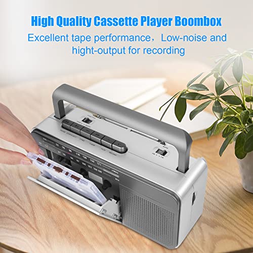 Retro Boombox Cassette Player Stereo with AM FM Radio LED Tuning Indicator, Conversion from Radio to Cassette Portable Vintage Tape Player Recorder with Big Speaker and Earphone Jack