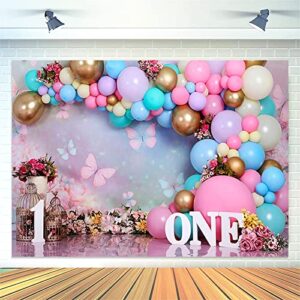 Pink Gold Balloon Girl First Birthday Party Backdrops Sweet One Wonderland Flowers Butterfly Photography Background Birdcage Princess Birthday Decorations Newborn Baby Shower Cake Smash Banner 7x5ft…