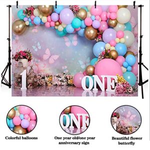 Pink Gold Balloon Girl First Birthday Party Backdrops Sweet One Wonderland Flowers Butterfly Photography Background Birdcage Princess Birthday Decorations Newborn Baby Shower Cake Smash Banner 7x5ft…