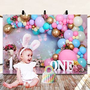 Pink Gold Balloon Girl First Birthday Party Backdrops Sweet One Wonderland Flowers Butterfly Photography Background Birdcage Princess Birthday Decorations Newborn Baby Shower Cake Smash Banner 7x5ft…