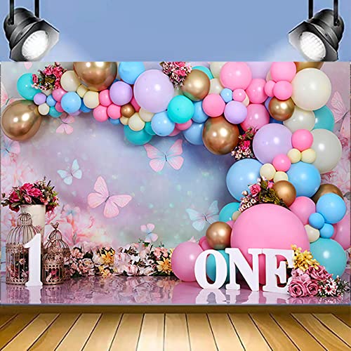 Pink Gold Balloon Girl First Birthday Party Backdrops Sweet One Wonderland Flowers Butterfly Photography Background Birdcage Princess Birthday Decorations Newborn Baby Shower Cake Smash Banner 7x5ft…