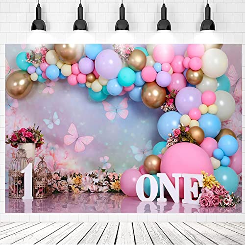 Pink Gold Balloon Girl First Birthday Party Backdrops Sweet One Wonderland Flowers Butterfly Photography Background Birdcage Princess Birthday Decorations Newborn Baby Shower Cake Smash Banner 7x5ft…