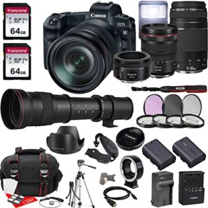 canon eos r mirrorless camera w/rf 24-105mm f/4 l is usm + ef 75-300mm f/4-5.6 iii + ef 50mm f/1.8 stm + 420-800mm f/8.3 hd lenses + 2x 64gb memory, hood, case, filters, tripod, more (33pc bundle)