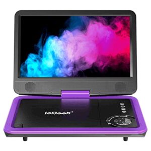 iegeek portable dvd player 12.5″, with 10.5″ hd swivel screen, car travel dvd players 5 hrs rechargeable battery, region-free video player for kids elderly, remote control, sync tv, usb&sd, purple