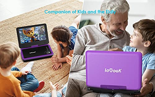 ieGeek Portable DVD Player 12.5", with 10.5" HD Swivel Screen, Car Travel DVD Players 5 Hrs Rechargeable Battery, Region-Free Video Player for Kids Elderly, Remote Control, Sync TV, USB&SD, Purple