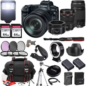 canon eos r mirrorless camera w/rf 24-105mm f/4 l is usm lens + ef 75-300mm f/4-5.6 iii lens + ef 50mm f/1.8 stm lens + 2x 64gb memory + hood + case + filters + tripod + more (33pc bundle)