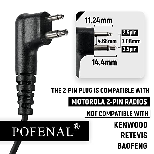 POFENAL RDM2070D 2-Wire Surveillance Earpiece Compatible with Motorola Radio CLS1410 CLS1110 CP200 GP300 GP2000 Bearcom BC120 BC130 Walkie Talkie with Big PTT Mic Acoustic Tube 2 Pin Headset (1 Pack)