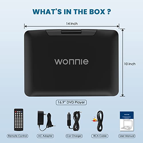 WONNIE 16.9" Portable DVD Player with 14.1" Large Swivel Screen, High Volume Speakers, 6 Hrs Rechargeable Battery, Support USB/SD Card/ Sync TV, Region Free, Last Memory