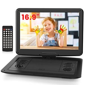 wonnie 16.9″ portable dvd player with 14.1″ large swivel screen, high volume speakers, 6 hrs rechargeable battery, support usb/sd card/ sync tv, region free, last memory