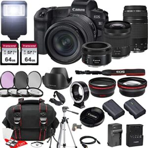 canon eos r mirrorless camera w/rf 24-105mm f/4-7.1 is stm lens + ef 75-300mm f/4-5.6 iii lens + ef 50mm f/1.8 stm lens + 2x 64gb memory + hood + case + filters + tripod + more (35pc bundle)