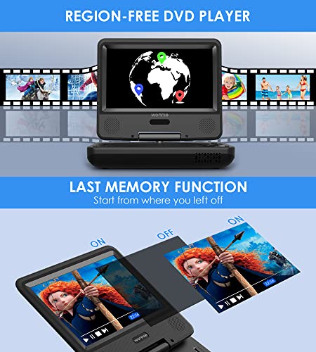 WONNIE 9.5" Portable DVD Player for Kids, Car Headrest Video Players with 7.5" Swivel Screen, 5-Hours Rechargeable Battery, Regions Free, AV in/Out, Support USB/SD Card/Sync TV