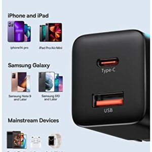 USB C Charger, Baseus 30W Dual Port USB C Charger Block, Fast Compact PD Charger with Foldable Plug for iPad Pro/Air/Mini, iPhone 14/14 Pro/14 Pro Max/13 Pro/12/SE/11/XR/XS, Samsung, Pixel 6, Black