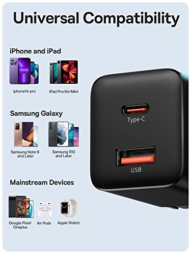 USB C Charger, Baseus 30W Dual Port USB C Charger Block, Fast Compact PD Charger with Foldable Plug for iPad Pro/Air/Mini, iPhone 14/14 Pro/14 Pro Max/13 Pro/12/SE/11/XR/XS, Samsung, Pixel 6, Black