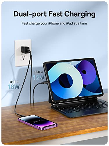 USB C Charger, Baseus 30W Dual Port USB C Charger Block, Fast Compact PD Charger with Foldable Plug for iPad Pro/Air/Mini, iPhone 14/14 Pro/14 Pro Max/13 Pro/12/SE/11/XR/XS, Samsung, Pixel 6, Black