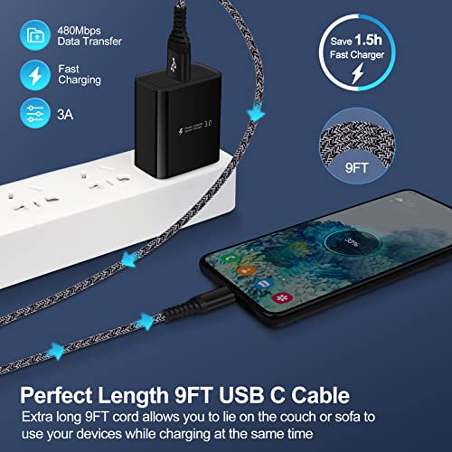 Quick Wall Charger Block 3A Android Phone Brick, 9FT Fast Charging USB Type C Cable Power Cord for Samsung Galaxy A32 A52/Z Fold 4 3/Z Flip 4 A14 A13 5g/A53/S23+/S23 Ultra/S22/S21 FE A03s S20 A12 A54