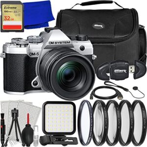 ultimaxx essential om-5 camera with 12-45mm lens bundle (silver) – includes: 32gb extreme memory card, 4pc macro close-up filter kit, led light kit, water-resistant gadget bag & more (26pc bundle)