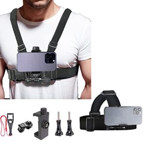 wlpreoe phone chest mount head mount kit, phone chest harness head strap for filming video, pov/vlog,cell phone clip compatible with iphone 14 13 12 11 pro max plus,samsung and 4 to 7 inch phones
