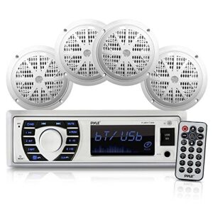pyle marine radio receiver speaker set 12v single din style bluetooth compatible waterproof digital boat in dash console system with mic 4 speakers, remote control, wiring harness plmrkt38w (white)