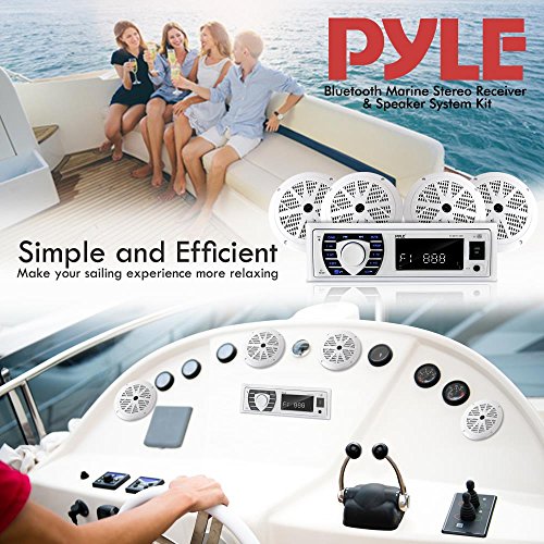 Pyle Marine Radio Receiver Speaker Set 12v Single Din Style Bluetooth Compatible Waterproof Digital Boat In Dash Console System with Mic 4 Speakers, Remote Control, Wiring Harness PLMRKT38W (White)