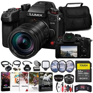 Panasonic Lumix GH6 Mirrorless Camera with 12-60mm f/2.8-4 Lens (DC-GH6LK) + Sony 64GB Tough SD Card + Filter Kit + Wide Angle Lens + Telephoto Lens + Lens Hood + Card Reader + More